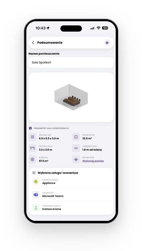 Podsumowanie zeskanowanej sali z podglądem 3D