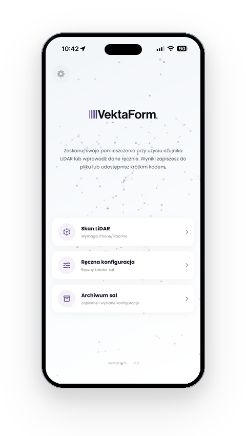 Ekran główny aplikacji VektaForm z wyborem trybu pomiaru