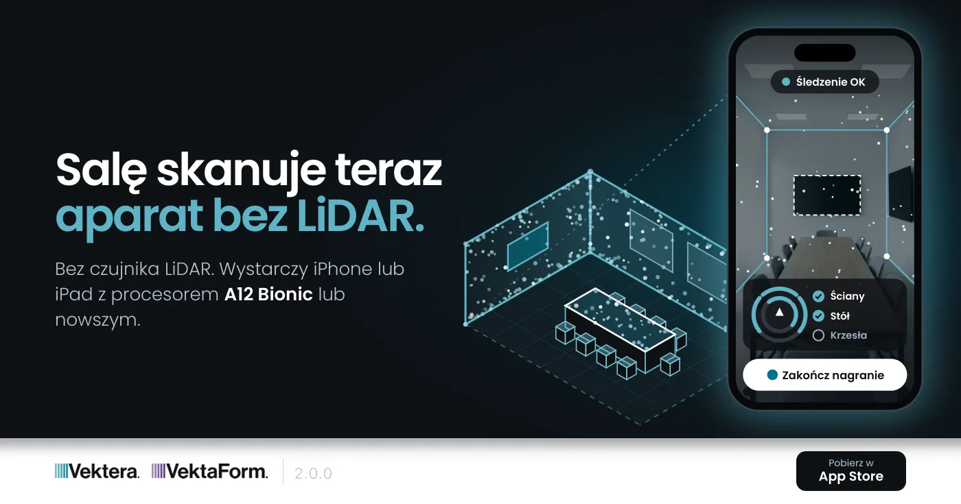 Skan sali konferencyjnej aparatem iPhone'a w aplikacji Vektera i VektaForm 2.0.0, bez czujnika LiDAR